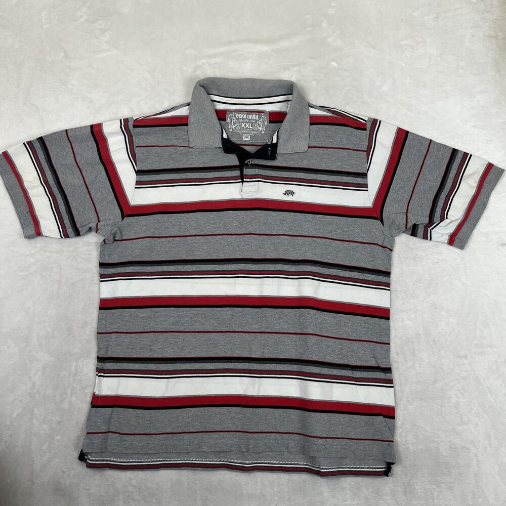 Vintage Ecko Unltd Polo Shirt Mens 2XL Gray Red Stripe Cotton Rhino Logo Y2K